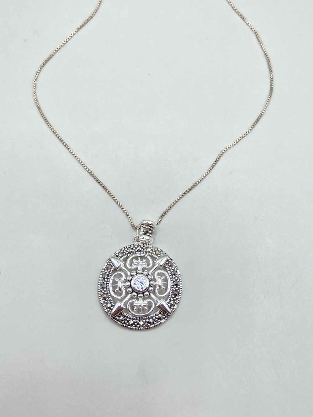 Sterling Silver Bali Shield Pendant with Cubic Zirconia and Marcasite
